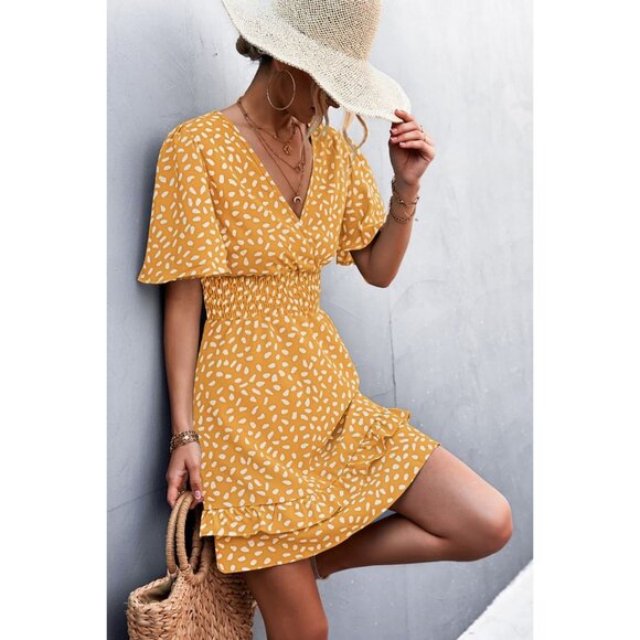 Beach Boho Maui - Printed Smocked Waist Layered Surplice Dress - Mustard - Picture 3 of 6
